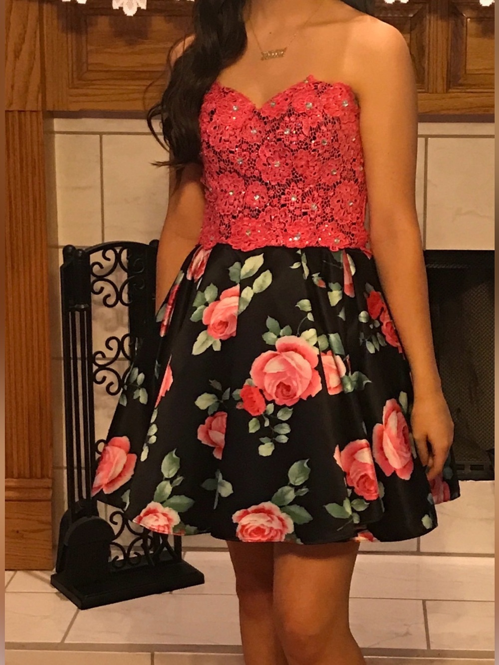 Pink and Black Floral Homecoming Dress